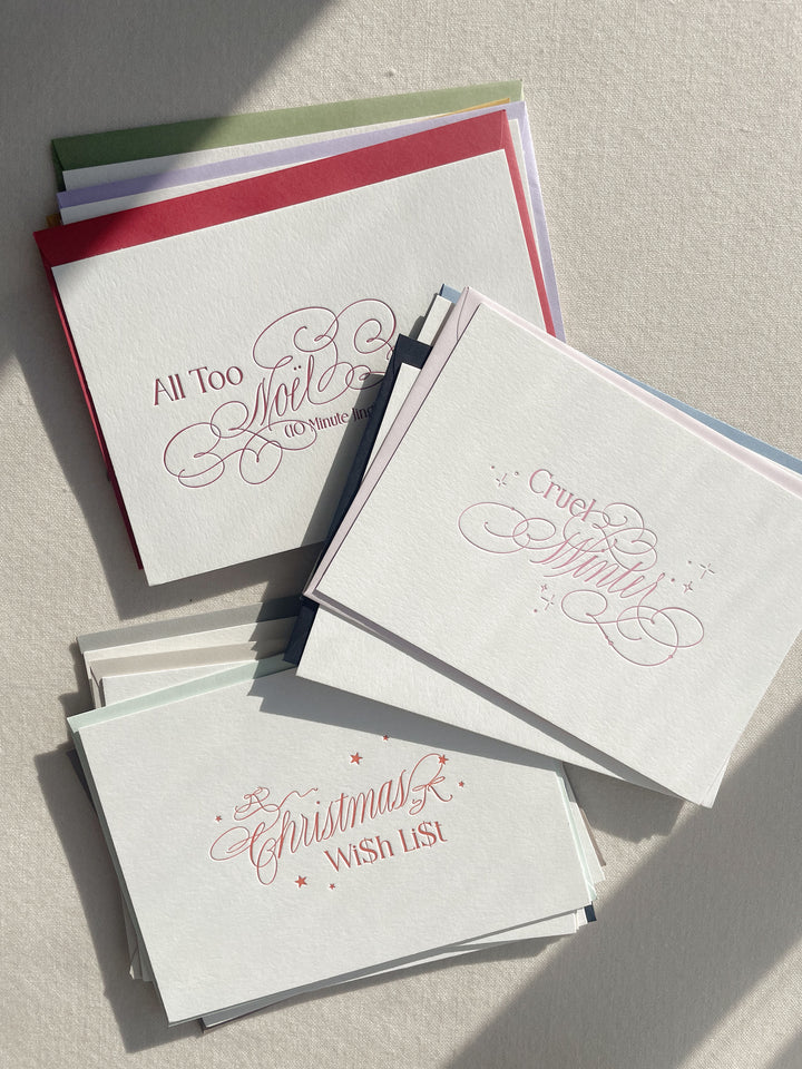 Letterpress holiday Swiftmas cards printed by Ayla Peña of The Ayla View, designed and written in calligraphy by Isabel Dusmann